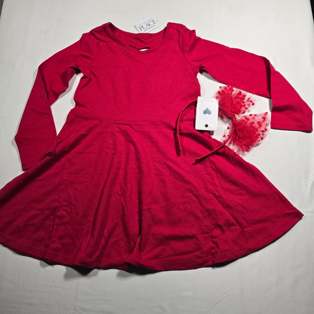 TCP The Childrens Place Girls 4T Red Heart Cutout Skater Dress & Headband Set